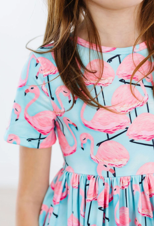 Pretty in Pink Flamingos Short Sleeve Pocket Twirl Dress