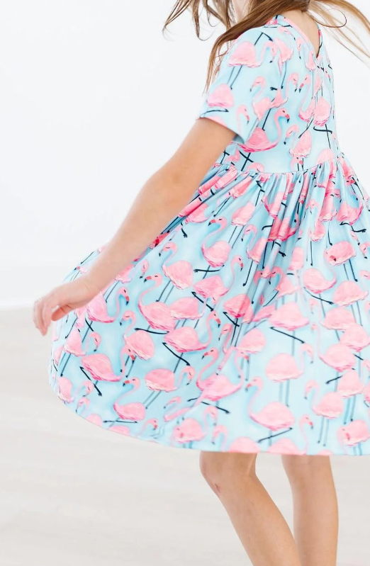 Pretty in Pink Flamingos Short Sleeve Pocket Twirl Dress