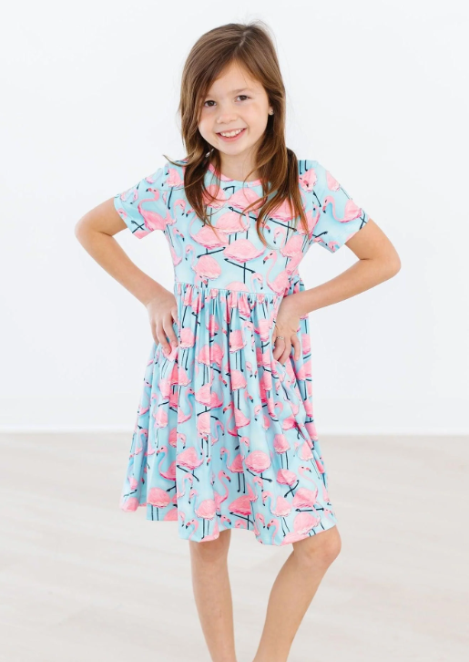 Pretty in Pink Flamingos Short Sleeve Pocket Twirl Dress