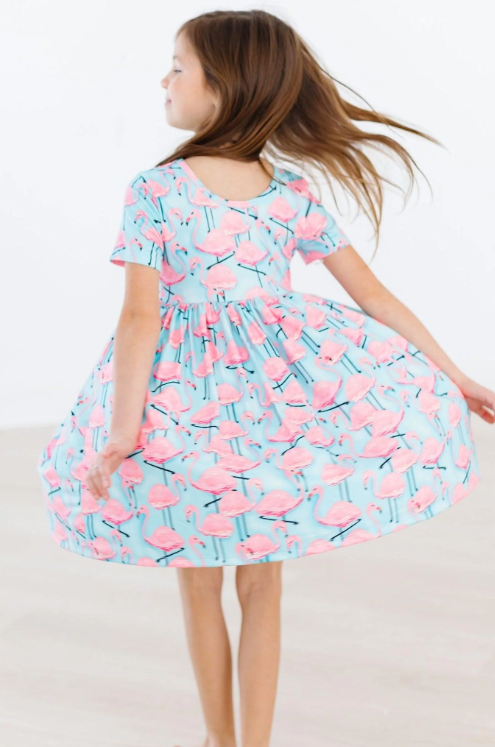 Pretty in Pink Flamingos Short Sleeve Pocket Twirl Dress