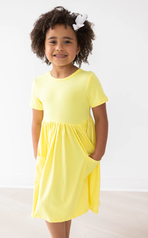 Yellow Short Sleeve Pocket Twirl Dress