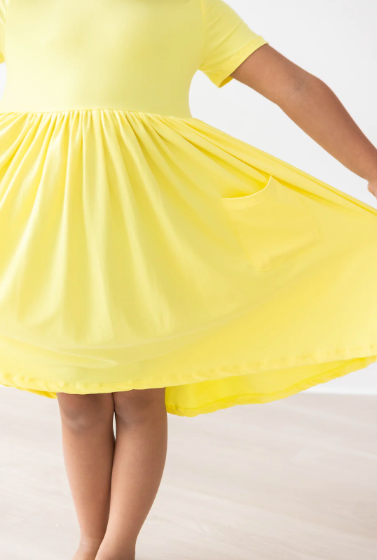 Yellow Short Sleeve Pocket Twirl Dress