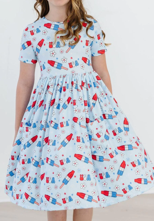 Proudly Patriotic Short Sleeve Pocket Twirl Dress