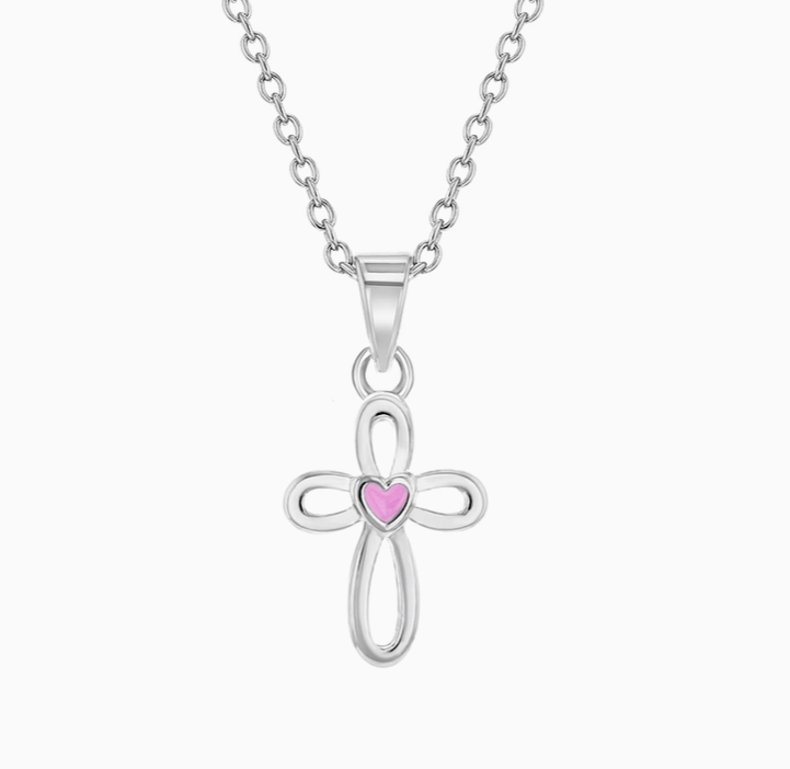 Tiny Open Cross w/Heart  Necklace | Sterling Silver