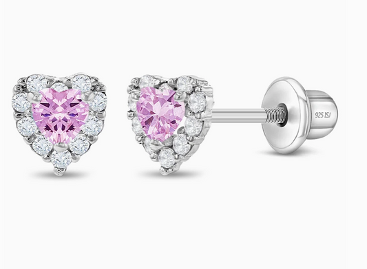 Pink Princess Heart CZ Earrings | Sterling Silver