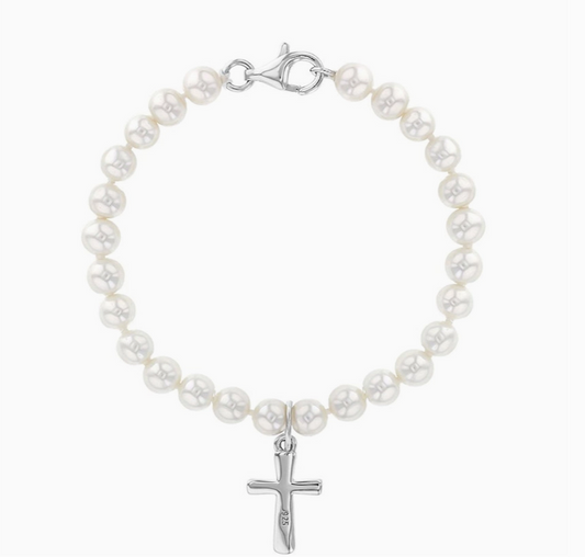 5" White Pearl and Cross Baby Bracelet | Sterling Silver