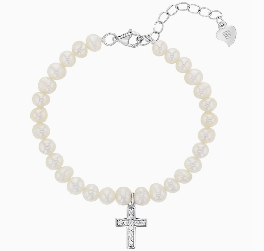 5" Cultured Pearl w/CZ Cross Bracelet | Sterling Silver