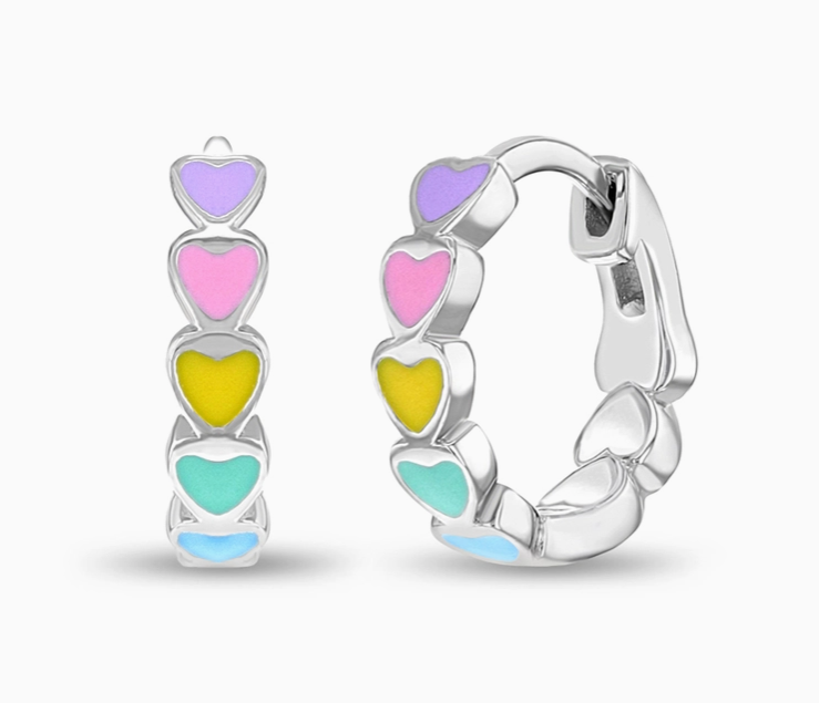 Multicolor Enamel Heart Huggie Earrings | Sterling Silver