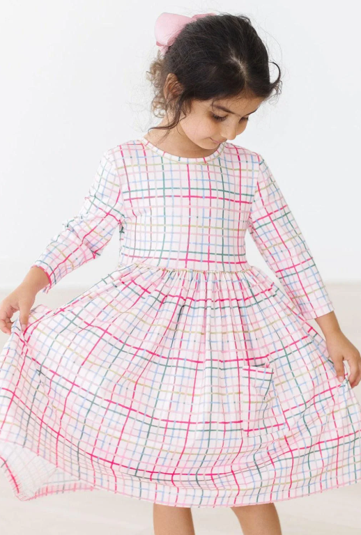 Pink Plaid 3/4 Sleeve Pocket Twirl Dress