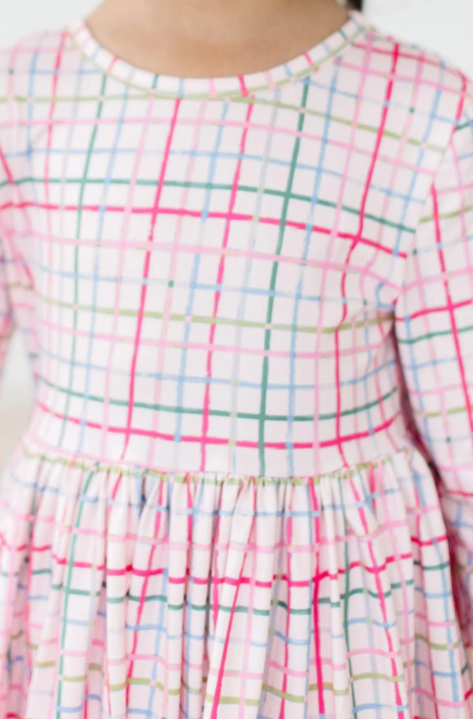 Pink Plaid 3/4 Sleeve Pocket Twirl Dress