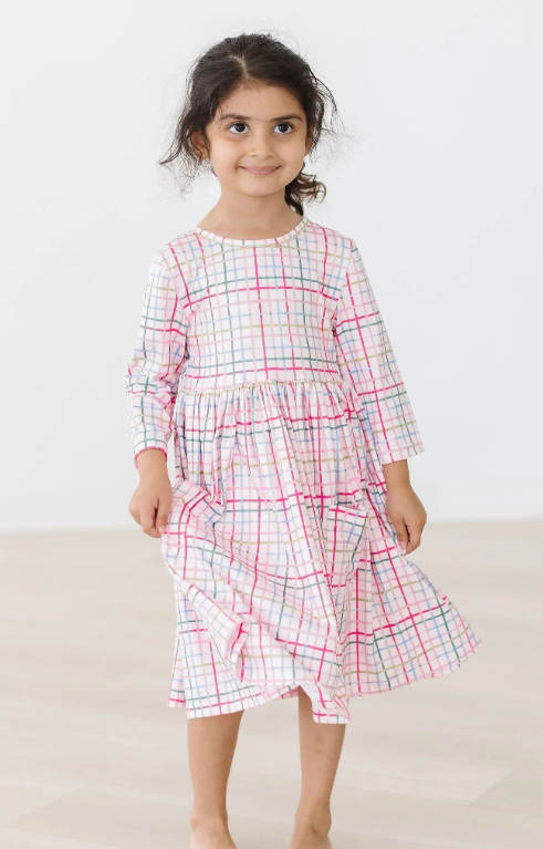 Pink Plaid 3/4 Sleeve Pocket Twirl Dress