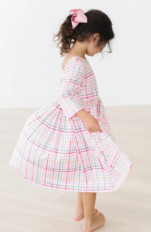 Pink Plaid 3/4 Sleeve Pocket Twirl Dress