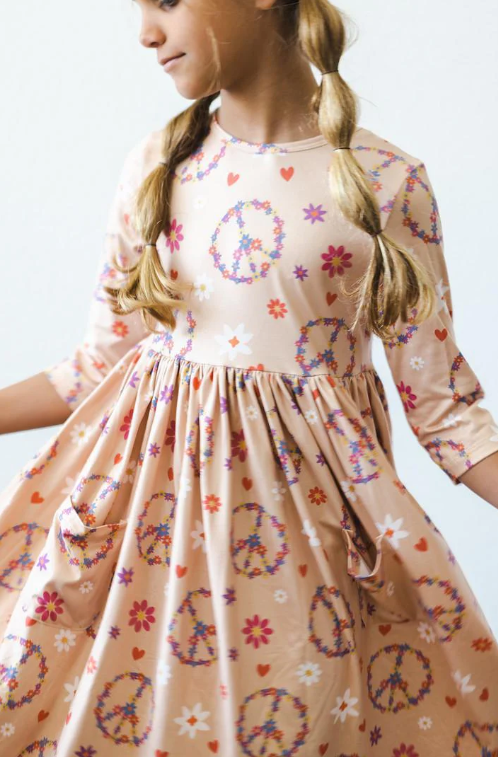 Flower Child 3/4 Sleeve Pocket Twirl Dress