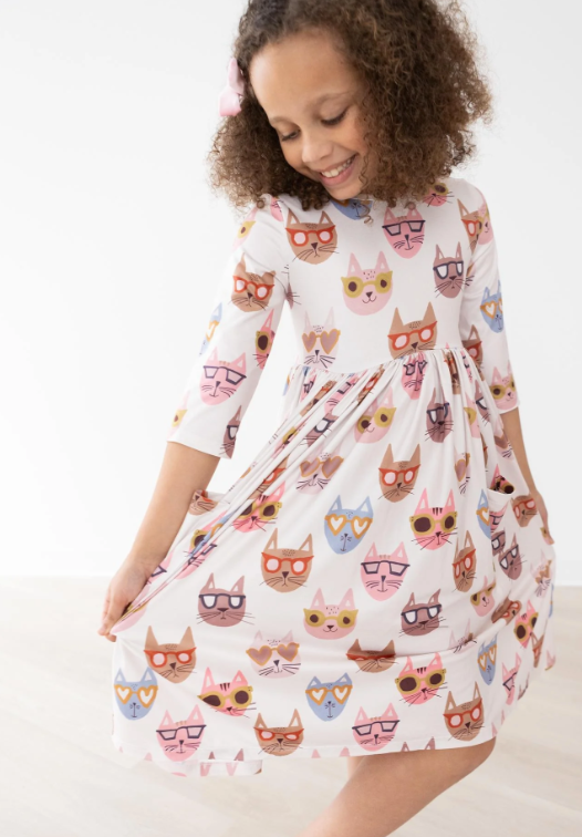 Cattitude 3/4 Sleeve Pocket Twirl Dress