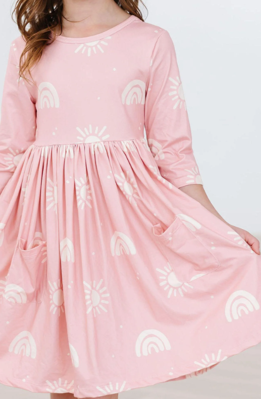 Soft Pink Suns 3/4 Sleeve Pocket Twirl Dress