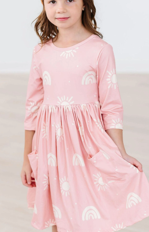 Soft Pink Suns 3/4 Sleeve Pocket Twirl Dress