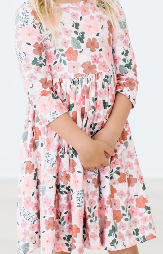 Fall Floral 3/4 Sleeve Pocket Twirl Dress