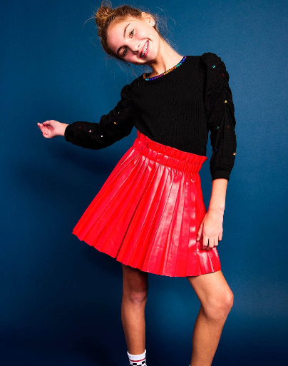 Red Pleated Vegan Leather Mini Skirt