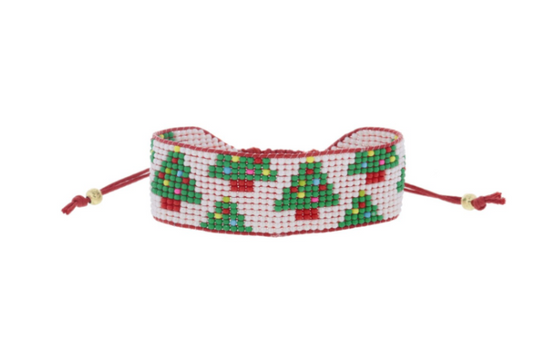 White Beaded Band Bracelet w/Trees