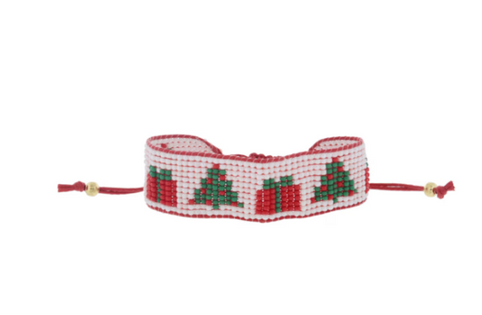 White Beaded Band Bracelet w/Trees  and Presents