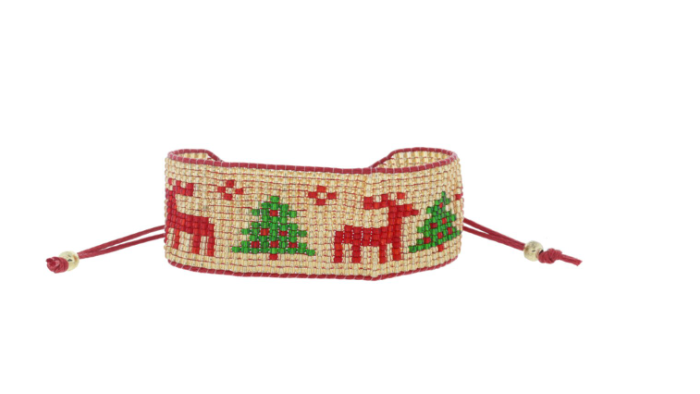 Gold Beaded Band Bracelet w/Trees and Reindeer