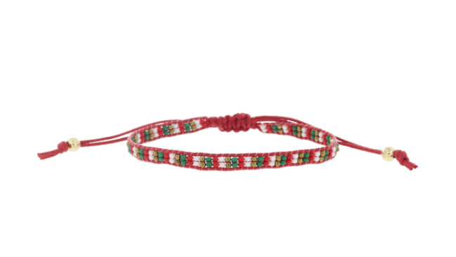 Thin Red/Green/Gold Striped Beaded Band Bracelet
