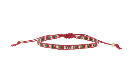Thin Red/Green/Gold Striped Beaded Band Bracelet