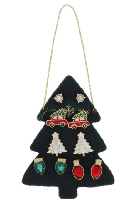 Dark Green Tree w/Lights 5 Stud Earring Set