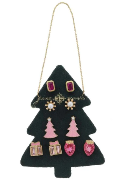 Dark Green Tree w/Pink 5 Stud Earring Set