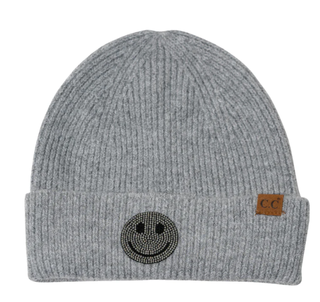 Rhinestone Smiley Face Beanie | Heather Gray