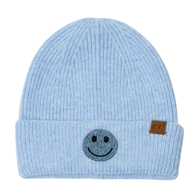 Rhinestone Smiley Face Beanie | Light Blue