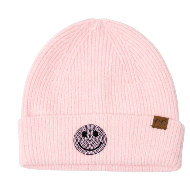 Rhinestone Smiley Face Beanie | Pink