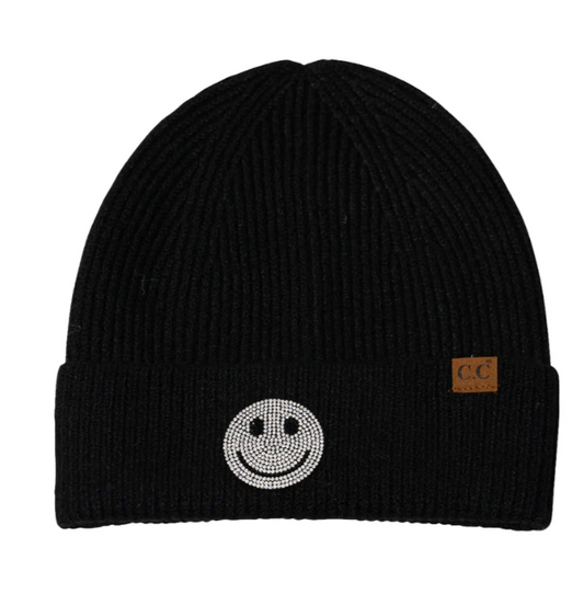 Rhinestone Smiley Face Beanie | Black