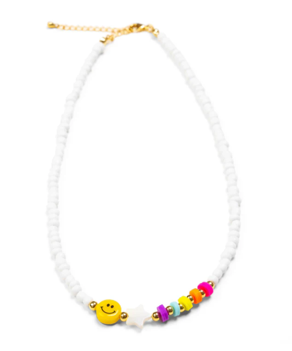 White Beaded Rainbow/Smiley Face Necklace