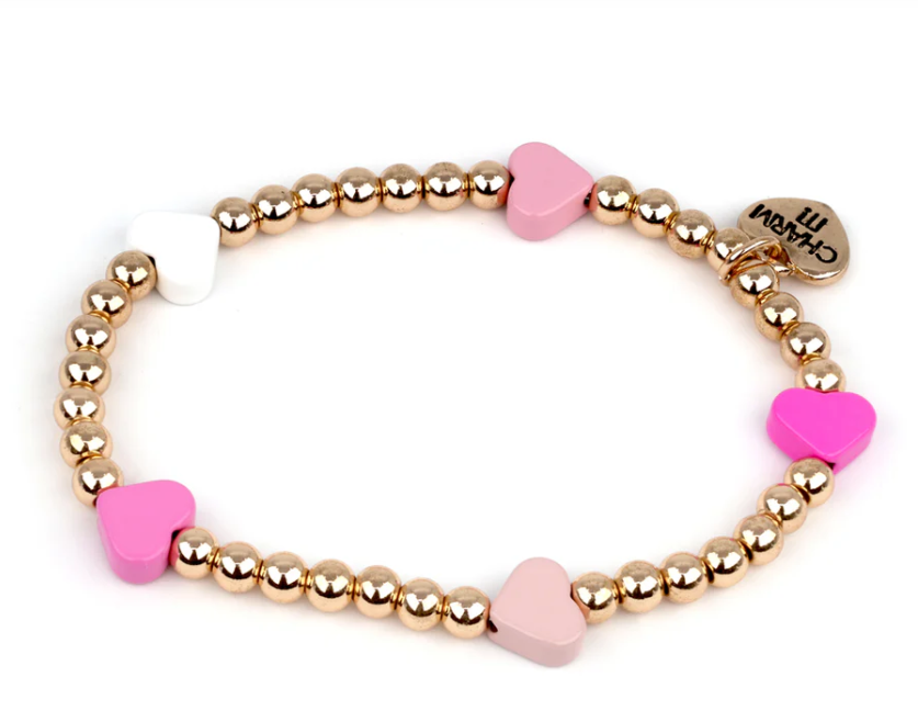 Gold Bead Pink Heart Stretch Bracelet