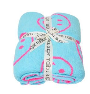 Smiley Face Plush Blanket | Blue/Pink
