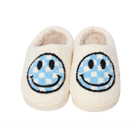 Blue Checkered Smiley Face Slippers