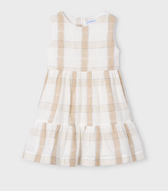 Beige Plaid Linen Dress | 3922