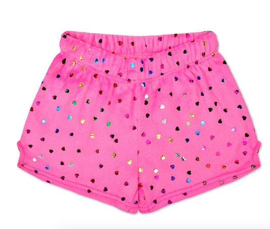 Bright Pink Foil Hearts Plush Shorts