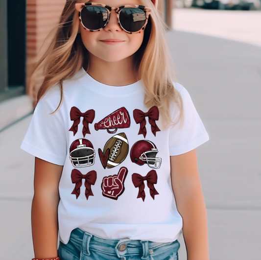 Maroon Football & Bows Game Day T Shirt