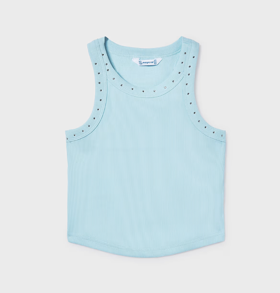 Ribbed Embellished Tank Top | Sky Blue | 6013