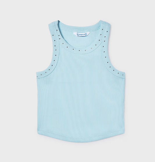 Ribbed Embellished Tank Top | Sky Blue | 6013