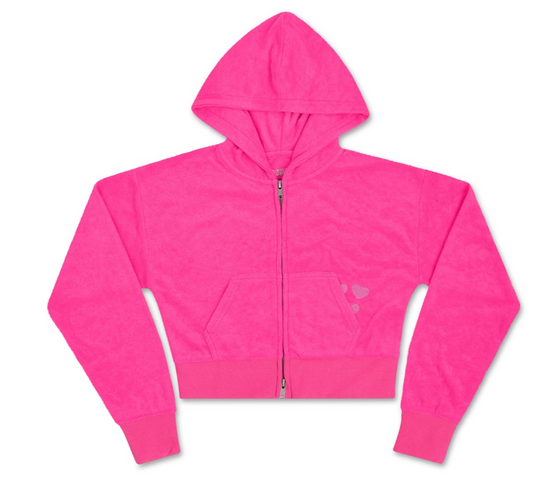 Hot Pink Terry Cropped Zip Up Top