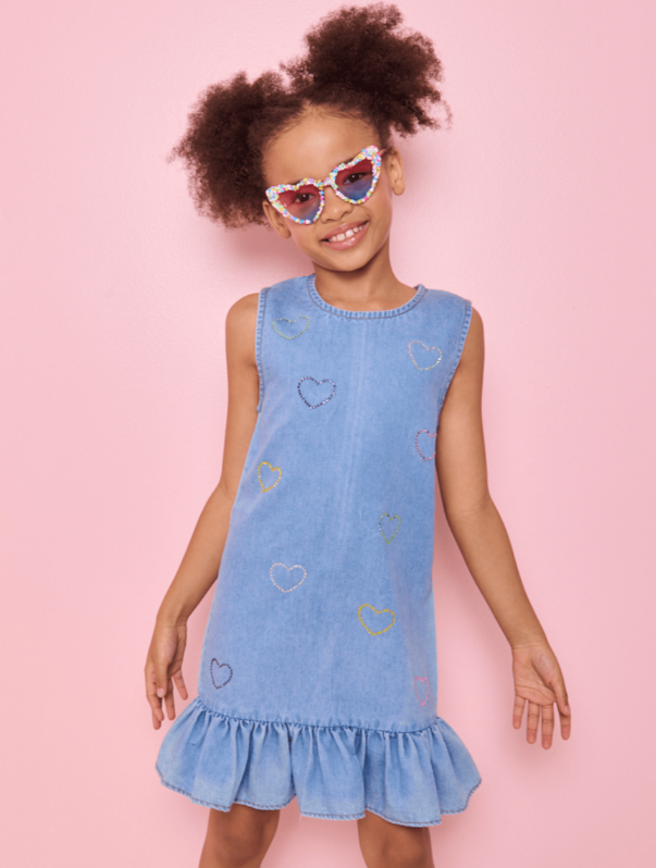 Crystal Rainbow Heart Denim Dress