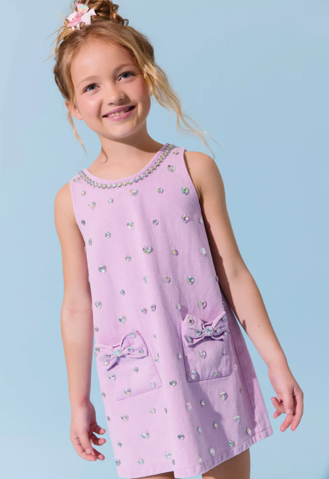 Crystal Heart Denim Bow Dress | Lavender