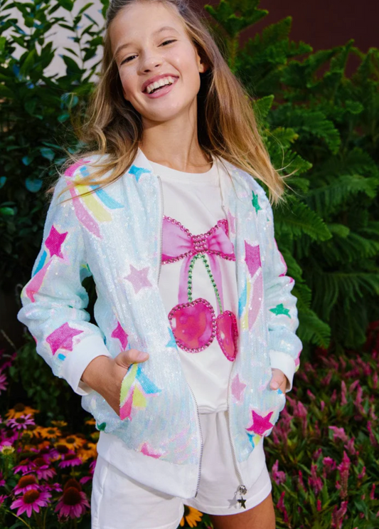 Rainbow Shooting Star Sequin Bomber