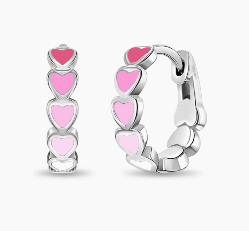 Pink Heart Cascade Hoop Earrings | Sterling Silver