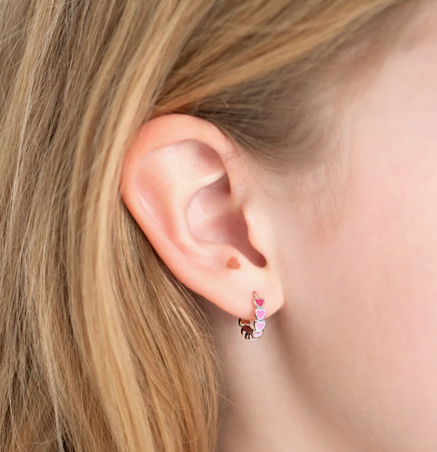 Pink Heart Cascade Hoop Earrings | Sterling Silver