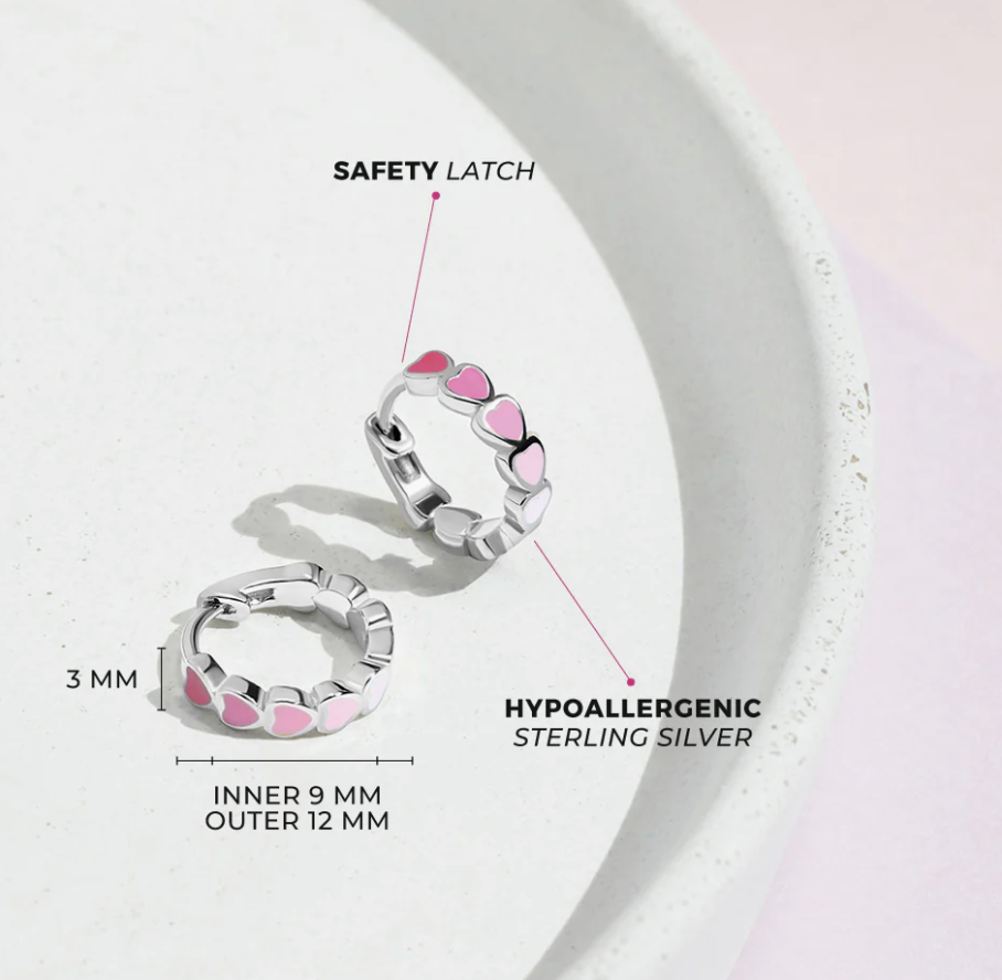 Pink Heart Cascade Hoop Earrings | Sterling Silver
