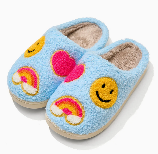 Blue Rainbow Smiley Face Slippers